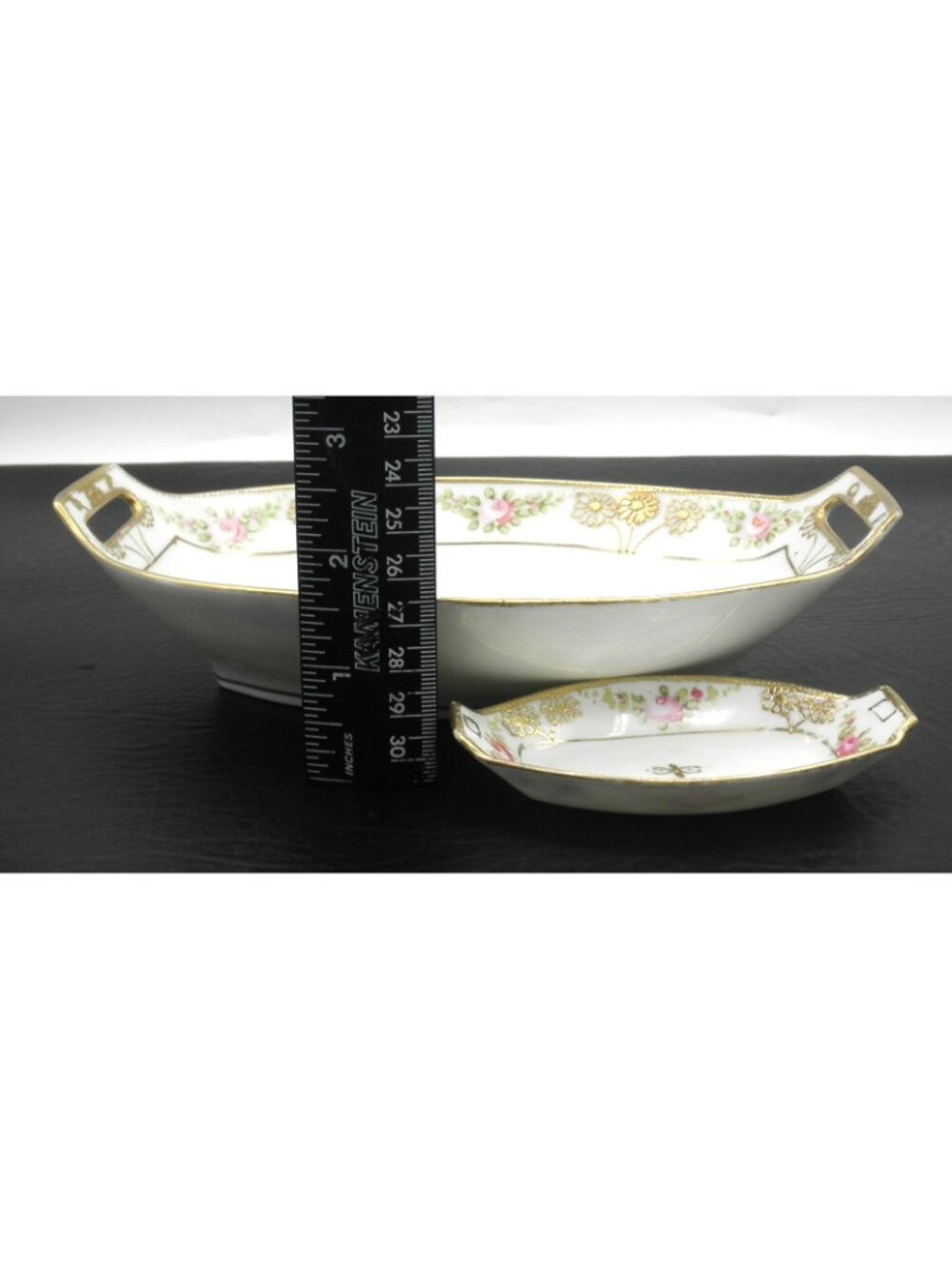 Antique Nippon Hand Painted Relish Dish With 6 Matching Salt Dishes Gold Accents - Picture 4 of 8
